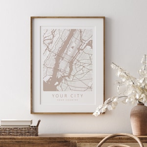 Art mural neutre | Plan de la ville personnalisé | Moderne milieu du siècle | Décoration esthétique pastel | Art mural beige | Dessin au trait beige