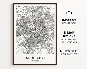 Faisalabad, Pakistan Map Printable – Digital Download City Map, Minimalist Street Map Wall Art