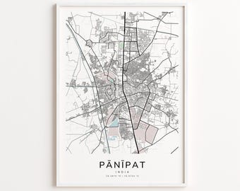 Pānīpat India Map Print – Detailed Street Map Wall Art, Modern City Map Poster, Travel Decor Gift