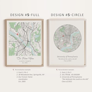 Op de afbeelding: Twee printbare ontwerpen voor een aangepaste kaartprint. Het eerste ontwerp toont een volledige kaart van Philadelphia, Pennsylvania met de tekst "Our Forever Home" en co&ouml;rdinaten. Het tweede ontwerp toont een cirkelvormige kaart van Philadelphia, Pennsylvania met de tekst "University of Pennsylvania" en de quote "She believed she could so she did." en "Class of 2021".