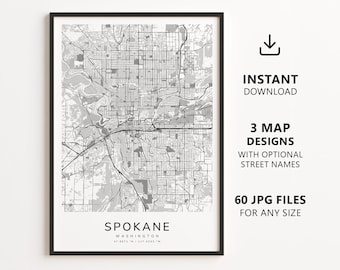 Spokane, Washington Map Printable – Digital Download City Map Wall Art, Minimalist Street Map Poster