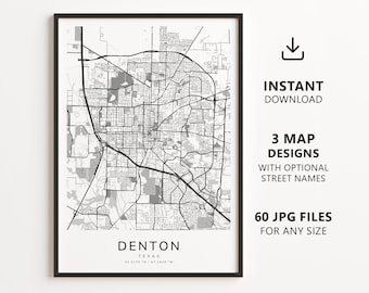 Denton, Texas Map Printable – Digital Download City Map Wall Art, Minimalist Street Map Poster