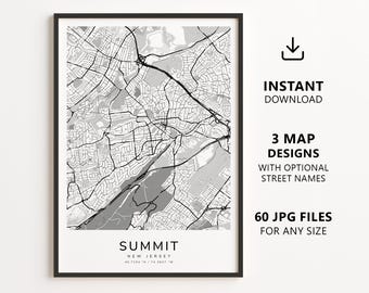 Summit, New Jersey Map Printable – Digital Download City Map, Minimalist Street Map Wall Art