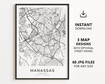 Mapa de Manassas, Virgínia para imprimir – Download digital, mapa da cidade, mapa de ruas minimalista para decoração de parede.