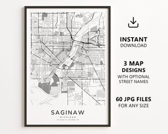 Saginaw, Michigan Map Printable – Digital Download City Map, Minimalist Street Map Wall Art
