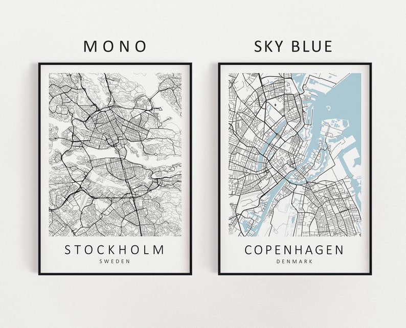 Mockup map print examples. Maps are displayed in black frames on a white wall.
The example pictures are in portrait. Displayed maps are in styles MONO and SKY BLUE.