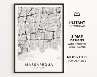 Massapequa, New York Map Printable – Digital Download City Map Wall Art, Minimalist Street Map Poster