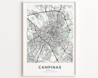 Campinas Brazil Map Print – Detailed Street Map Wall Art, Modern City Map Poster, Travel Decor Gift
