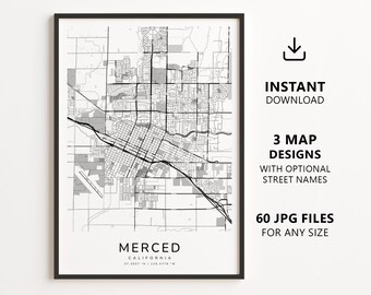 Merced, California Map Printable – Digital Download City Map, Minimalist Street Map Wall Art