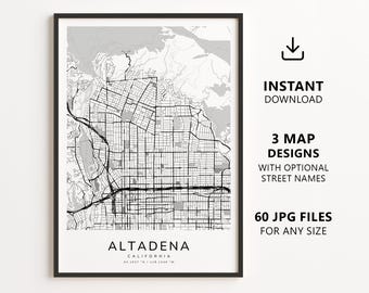 Mapa de Altadena, Califórnia para imprimir – Download digital do mapa da cidade, mapa de ruas minimalista para decoração de parede.