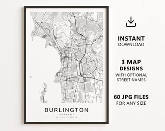 Burlington, Vermont Map Printable – Digital Download City Map, Minimalist Street Map Wall Art