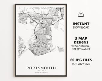 Portsmouth, England – Stadtplan zum Ausdrucken – Digitaler Download, minimalistisches Straßenkarten-Poster