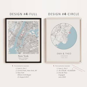Op de afbeelding: Twee printbare ontwerpen voor een gepersonaliseerde kaartprint. Het eerste ontwerp toont een volledige kaart van New York City met een rode hartpin die een locatie markeert. Het tweede ontwerp toont een cirkelvormige kaart van New York City met een rode hartpin die een locatie markeert. Beide ontwerpen bevatten tekst die kan worden aangepast met namen, datums en een bericht.