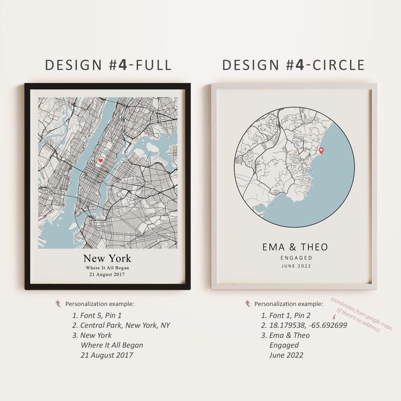 Op de afbeelding: Twee printbare ontwerpen voor een gepersonaliseerde kaartprint. Het eerste ontwerp toont een volledige kaart van New York City met een rode hartpin die een locatie markeert. Het tweede ontwerp toont een cirkelvormige kaart van New York City met een rode hartpin die een locatie markeert. Beide ontwerpen bevatten tekst die kan worden aangepast met namen, datums en een bericht.