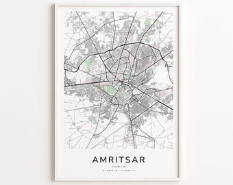 Amritsar India Map Print – Detailed Street Map Wall Art, Modern City Map Poster, Travel Decor Gift