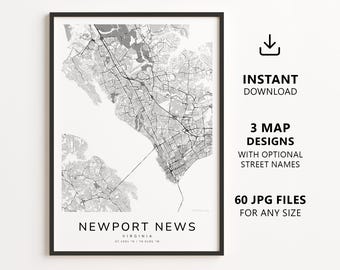 Newport News, Virginia Map Printable – Digital Download City Map, Minimalist Street Map Wall Art