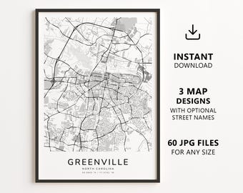 Greenville, North Carolina Map Printable – Digital Download City Map, Minimalist Street Map Wall Art