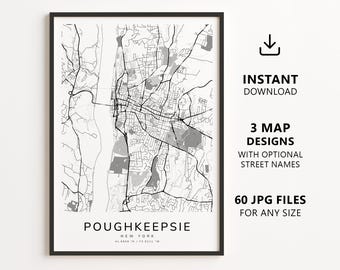 Mapa de Poughkeepsie, Nova Iorque para imprimir – Download digital, mapa minimalista da cidade, arte de parede com ruas.