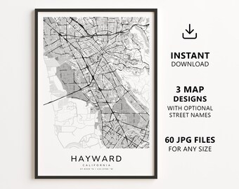 Hayward, California Map Printable – Digital Download City Map, Minimalist Street Map Wall Art