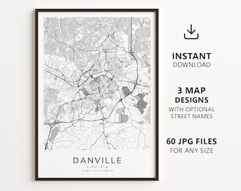 Mapa de Danville, Virgínia para imprimir – Download digital, arte de parede com mapa da cidade, pôster minimalista com mapa de ruas.