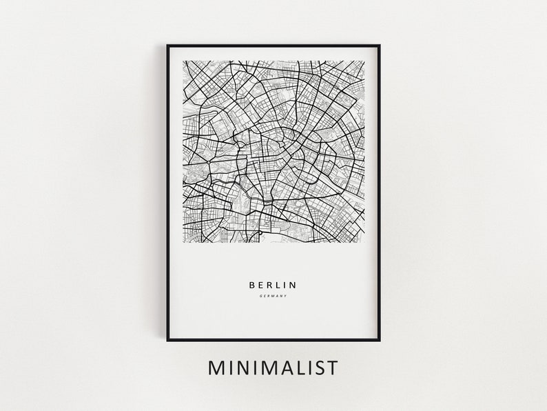 Mockup map print example. Map is displayed in black frames on a white wall.
The example picture is in portrait. The displayed map is in a minimalist style.