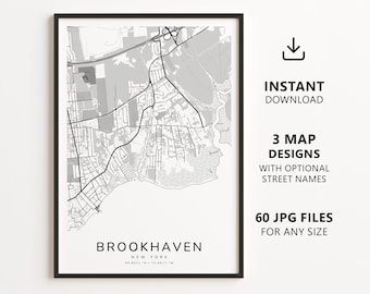 Brookhaven, New York Map Printable – Digital Download City Map, Minimalist Street Map Wall Art