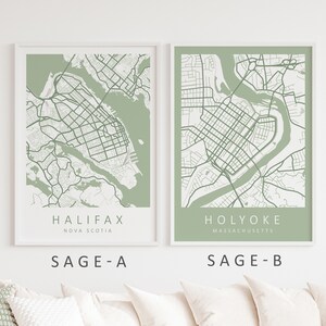 Mockup map print examples. Maps are displayed in a white frame on a white wall.
The example pictures are in portrait. The displayed maps are in a sage green color palette.