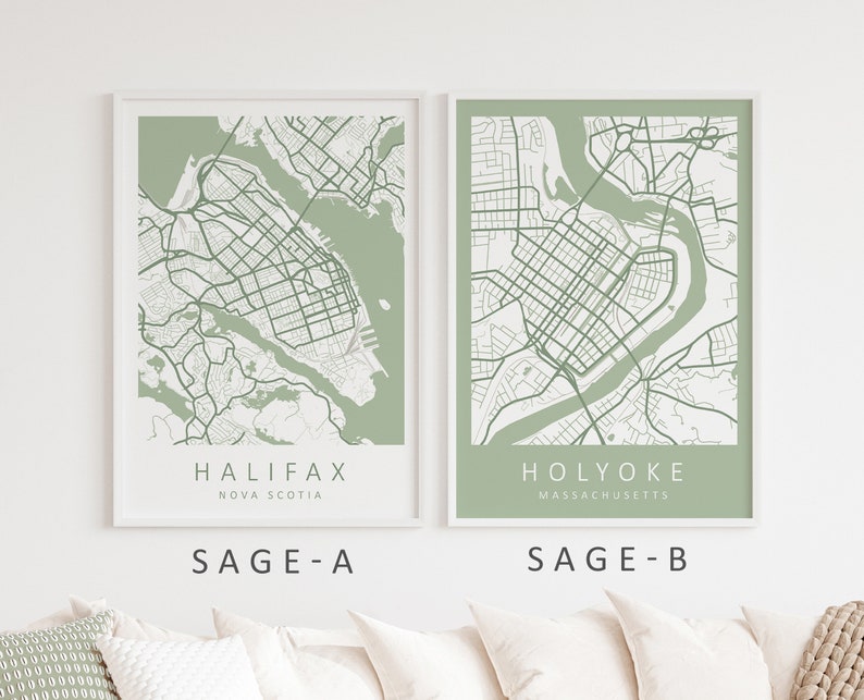 Mockup map print examples. Maps are displayed in a white frame on a white wall.
The example pictures are in portrait. The displayed maps are in a sage green color palette.