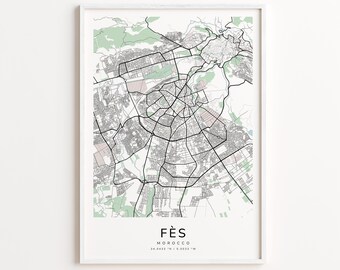 Fès Morocco Map Print – Detailed Street Map Wall Art, Modern City Map Poster, Travel Decor Gift