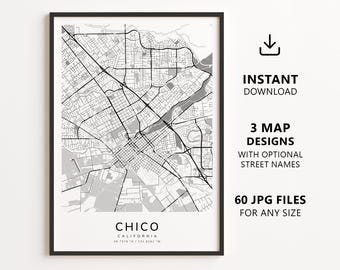 Chico, California Map Printable – Digital Download City Map Wall Art, Minimalist Street Map Poster