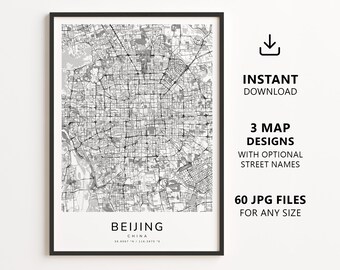Stadtplan von Peking, China zum Ausdrucken – Digitaler Download, minimalistischer Straßenplan als Wandbild