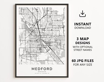 Medford, Oregon Map Printable – Digital Download City Map, Minimalist Street Map Wall Art