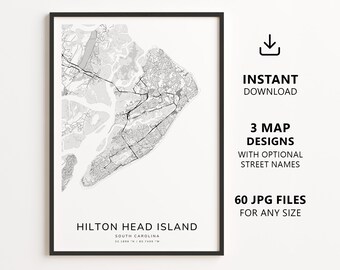 Mapa da Ilha de Hilton Head, Carolina do Sul para imprimir – Download digital do mapa da cidade, mapa de ruas minimalista para decoração de parede.