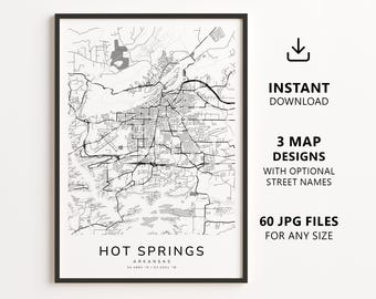 Mapa de Hot Springs, Arkansas para imprimir – Download digital, arte de parede com mapa da cidade, pôster minimalista com mapa de ruas.