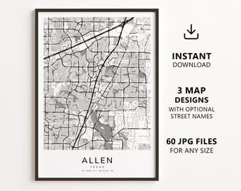 Allen, Texas Map Printable – Digital Download City Map, Minimalist Street Map Wall Art