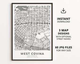 West Covina, California Map Printable – Digital Download City Map Wall Art, Minimalist Street Map Poster