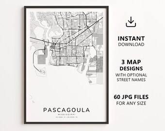Pascagoula, Mississippi Map Printable – Digital Download City Map Wall Art, Minimalist Street Map Poster