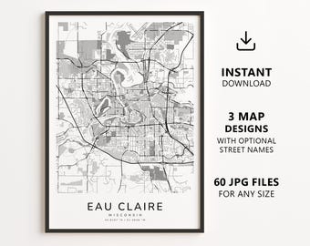 Eau Claire, Wisconsin Map Printable – Digital Download City Map, Minimalist Street Map Wall Art