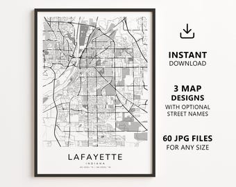 Lafayette, Indiana Map Printable – Digital Download City Map Wall Art, Minimalist Street Map Poster