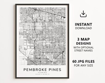 Pembroke Pines, Florida Map Printable – Digital Download City Map, Minimalist Street Map Wall Art