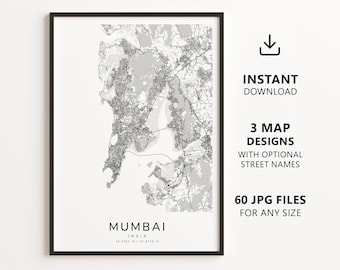 Mumbai, Indien – Stadtplan zum Ausdrucken – Digitaler Download, minimalistischer Straßenplan als Wandbild