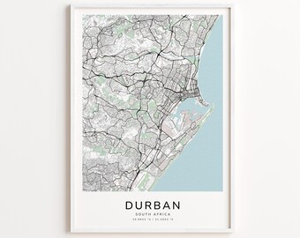 Durban South Africa Map Print – Detailed Street Map Wall Art, Modern City Map Poster, Travel Decor Gift