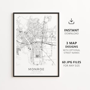 May include: A framed black and white map print of Monroe, Louisiana, featuring a detailed street grid, a river, and the text "MONROE LOUISIANA 32.5185 N / 92.0774 W". To the right, text reads "INSTANT DOWNLOAD", "3 MAP DESIGNS", and "60 JPG FILES".