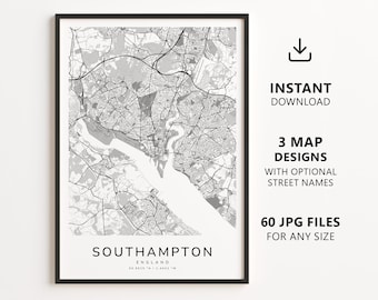 Southampton, England – Stadtplan zum Ausdrucken – Digitaler Download, minimalistischer Straßenplan als Wanddekoration