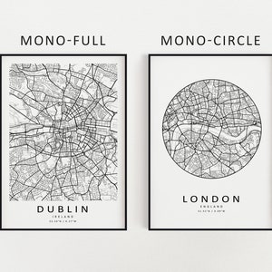 K&ouml;nnte beinhalten: Zwei Schwarzwei&szlig;-Stadtkarten, eine mit der vollst&auml;ndigen Karte von Dublin, Irland, und die andere mit einer Kreiskarte von London, England. Der Text "MONO-FULL" befindet sich &uuml;ber der Dublin-Karte und "MONO-CIRCLE" &uuml;ber der London-Karte.