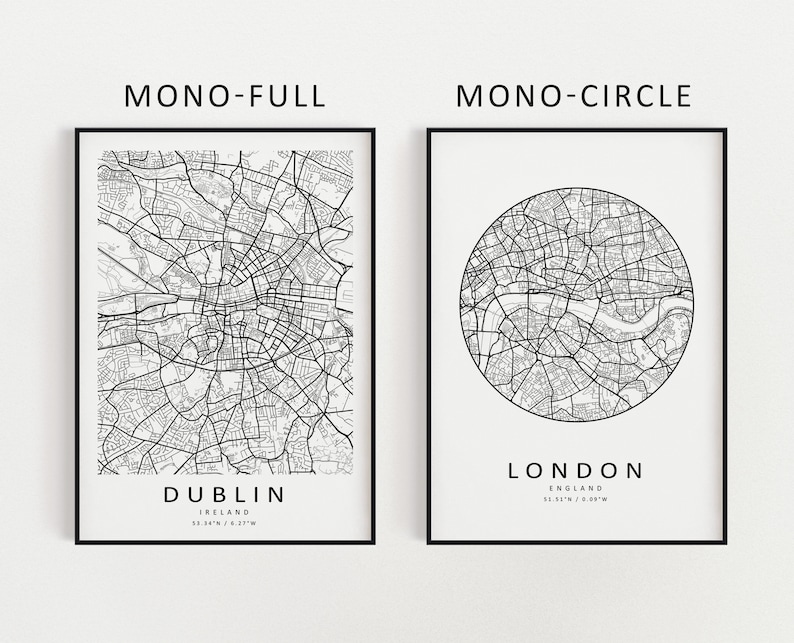 K&ouml;nnte beinhalten: Zwei Schwarzwei&szlig;-Stadtkarten, eine mit der vollst&auml;ndigen Karte von Dublin, Irland, und die andere mit einer Kreiskarte von London, England. Der Text "MONO-FULL" befindet sich &uuml;ber der Dublin-Karte und "MONO-CIRCLE" &uuml;ber der London-Karte.