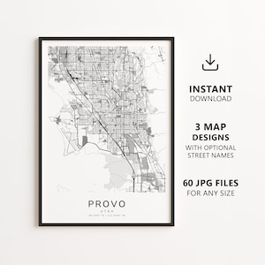 Può includere: Una stampa cartografica in bianco e nero di Provo, Utah, incorniciata, con una griglia stradale dettagliata e un layout geografico. Il testo recita PROVO UTAH 40.2457 N 111.6645 W. Accanto alla mappa, il testo indica INSTANT DOWNLOAD, 3 MAP DESIGNS, 60 JPG FILES.