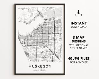 Muskegon, Michigan Map Printable – Digital Download City Map Wall Art, Minimalist Street Map Poster