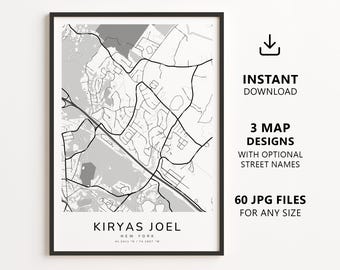 Mapa de Nova York para imprimir por Kiryas Joel – Download digital, mapa minimalista da cidade, arte de parede com ruas.
