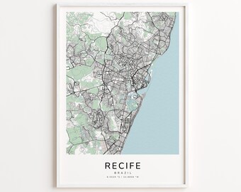 Recife Brazil Map Print – Detailed Street Map Wall Art, Modern City Map Poster, Travel Decor Gift